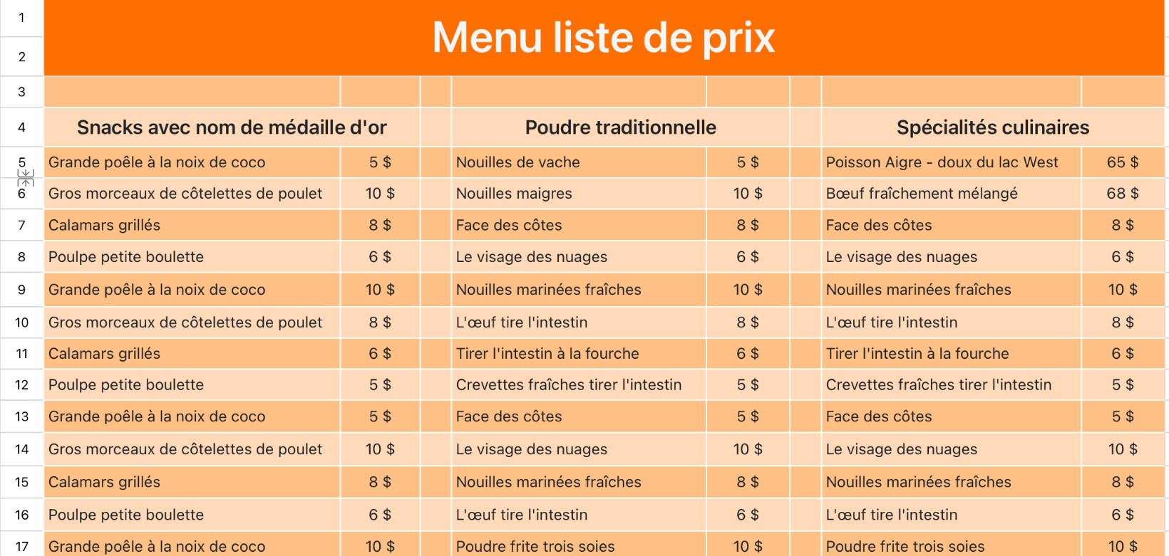 Menu gastronomique liste de prix